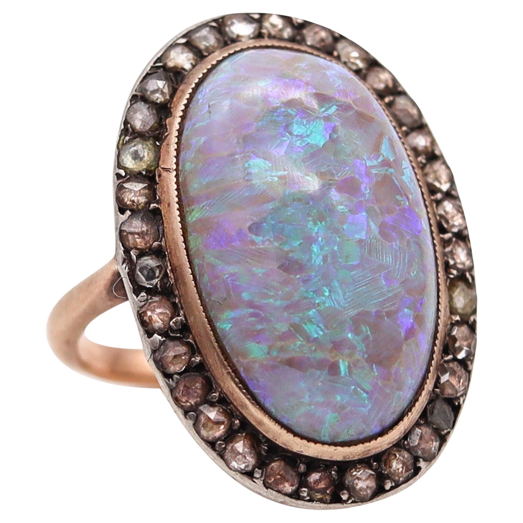 VICTORIAN 1880 Antique Ring In Yellow Gold With 8.95 Ctw In Opal And Diamonds