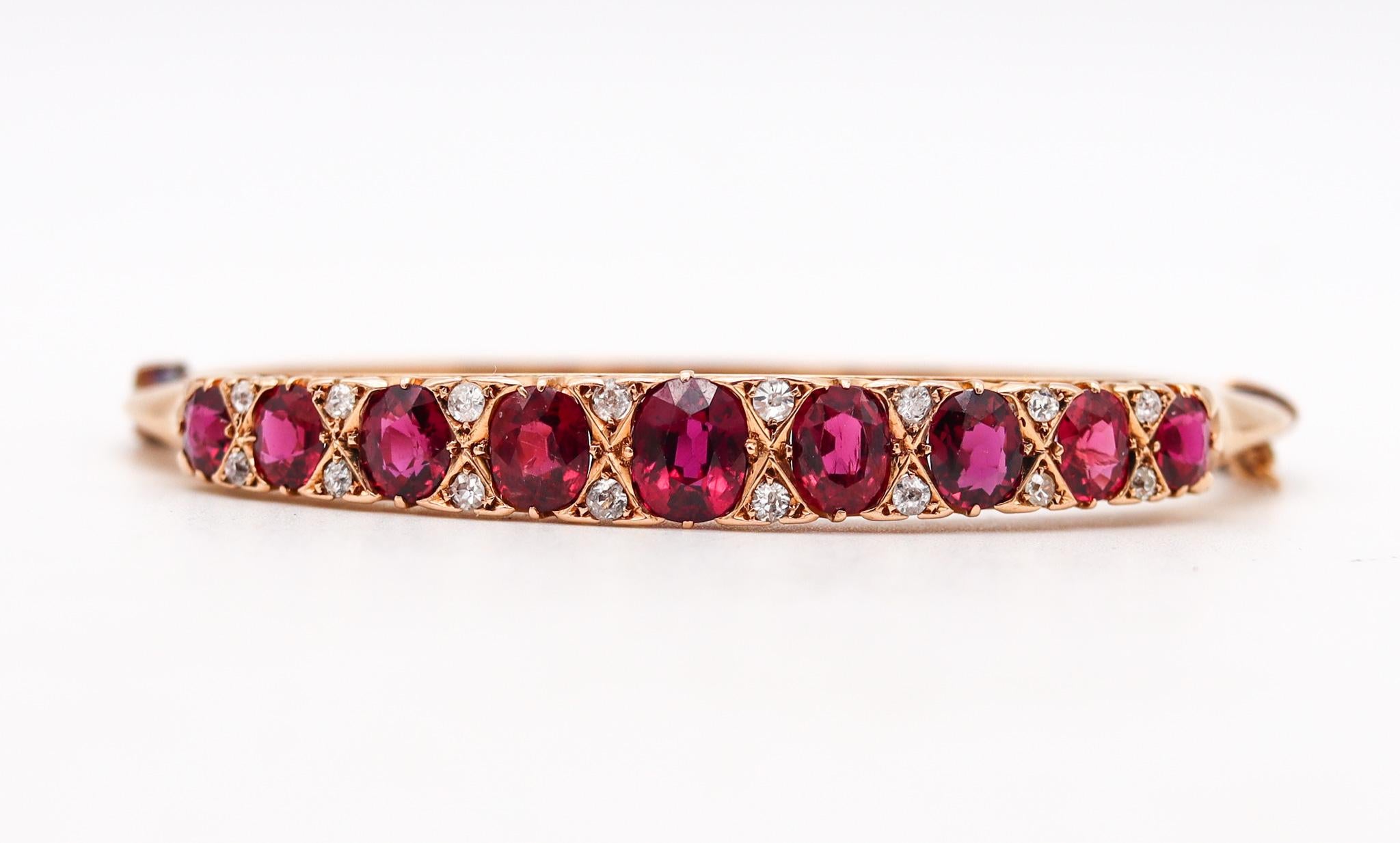 Cushion Cut Victorian 1880 Bangle Bracelet In 15kt Gold With 14.35 Ctw Rubies And Diamonds