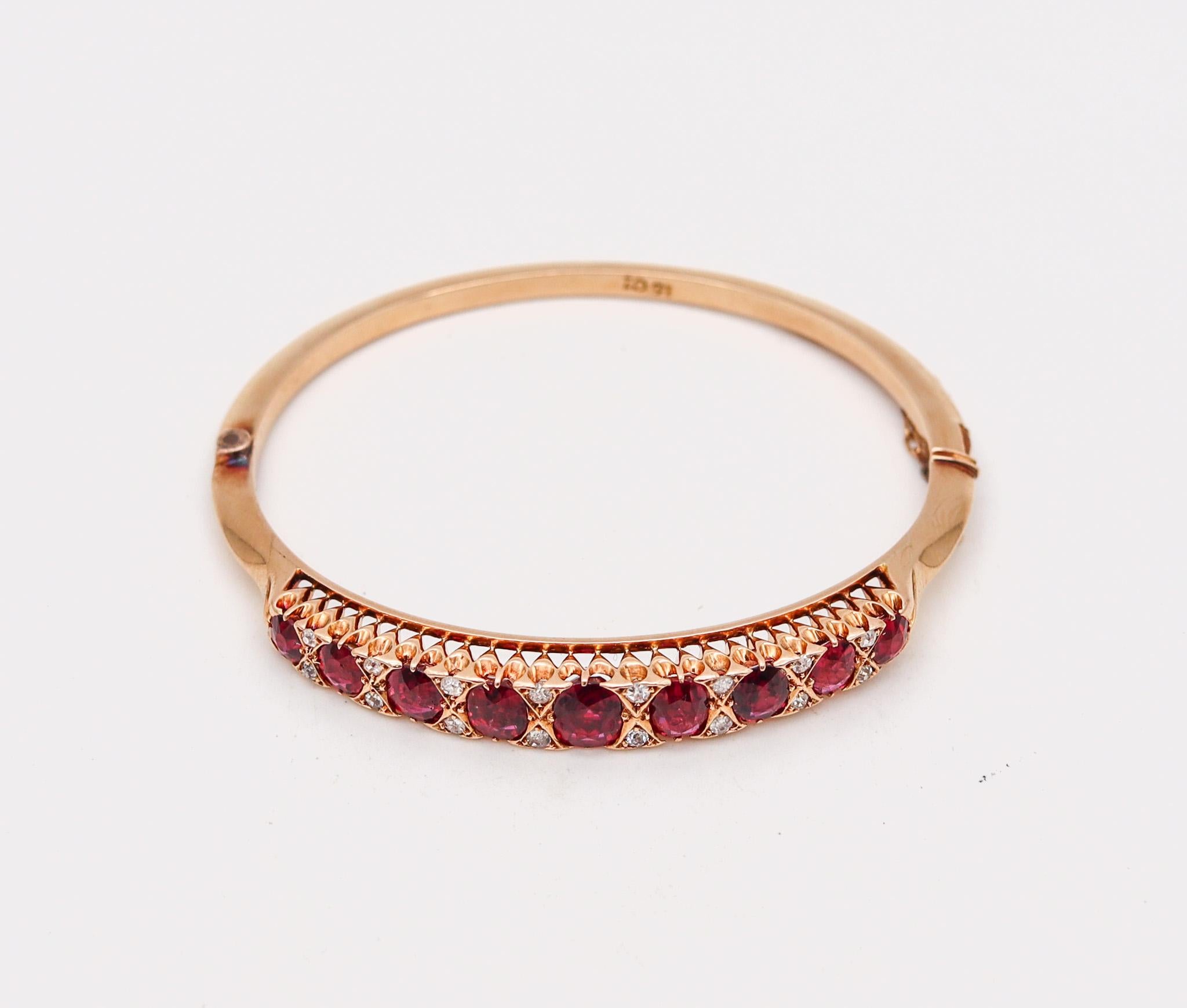 Victorian 1880 Bangle Bracelet In 15kt Gold With 14.35 Ctw Rubies And Diamonds In Excellent Condition In Miami, FL
