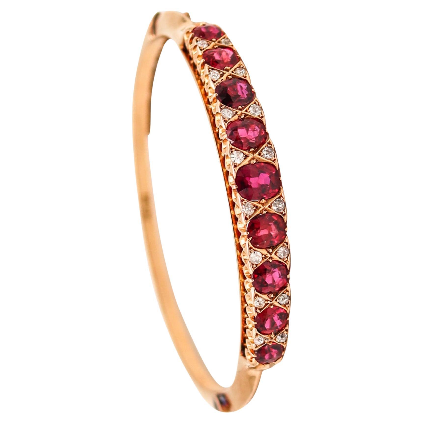 Victorian 1880 Bangle Bracelet In 15kt Gold With 14.35 Ctw Rubies And Diamonds