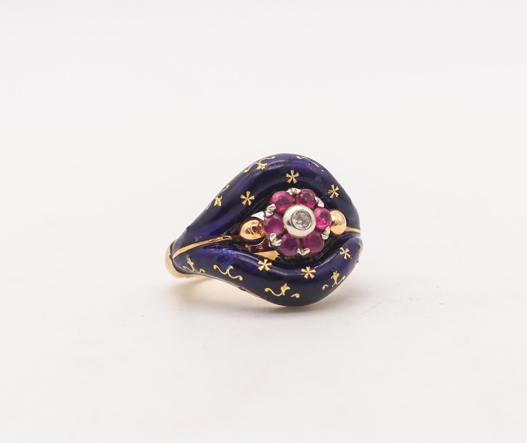 Victorian enameled celestial ring.

Beautiful celestial ring, created in England during the Victorian Era (1837-1901), back in the 1880. This gorgeous colorful ring has been carefully crafted in solid yellow gold of 15 karats with an exceptional