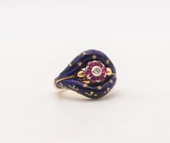 Victorian 1880 Blue Enameled Celestial Ring In 15Kt Gold With Rubies And Diamond