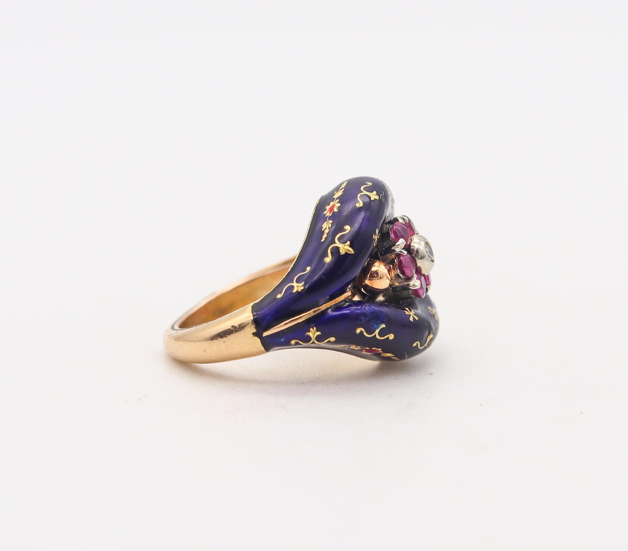 Viktorianische 1880 blau emailliert himmlischen Ring in 15Kt Gold mit Rubinen und Diamanten im Zustand „Hervorragend“ in Miami, FL