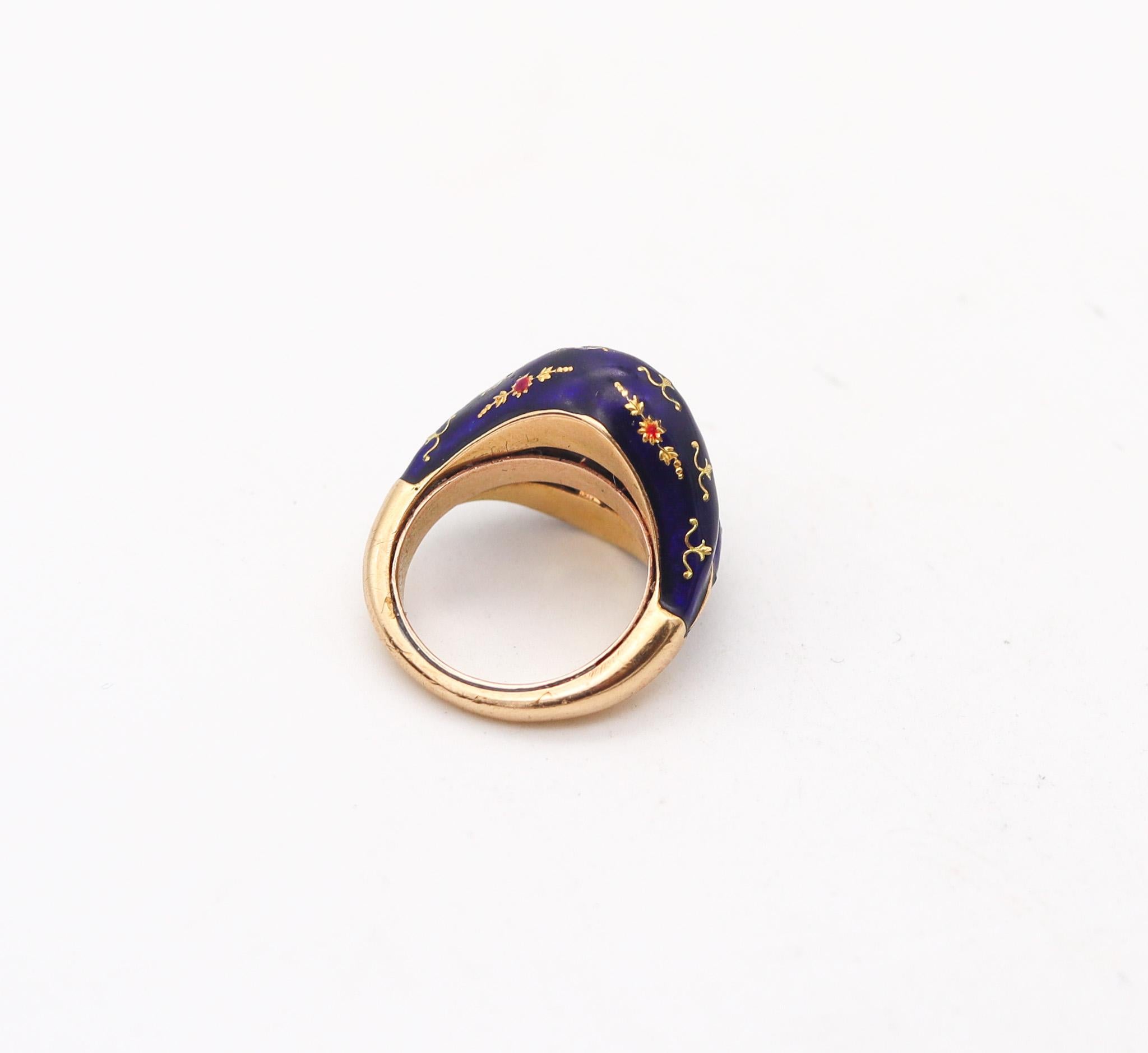 Women's Victorian 1880 Blue Enameled Celestial Ring In 15Kt Gold With Rubies And Diamond For Sale