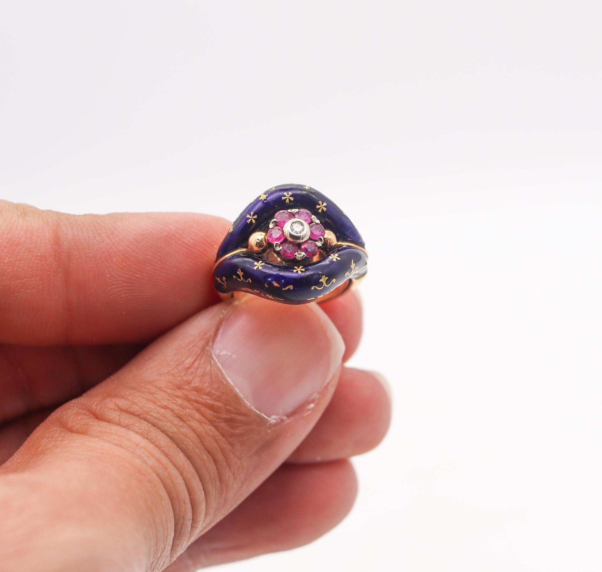 Victorian 1880 Blue Enameled Celestial Ring In 15Kt Gold With Rubies And Diamond 1