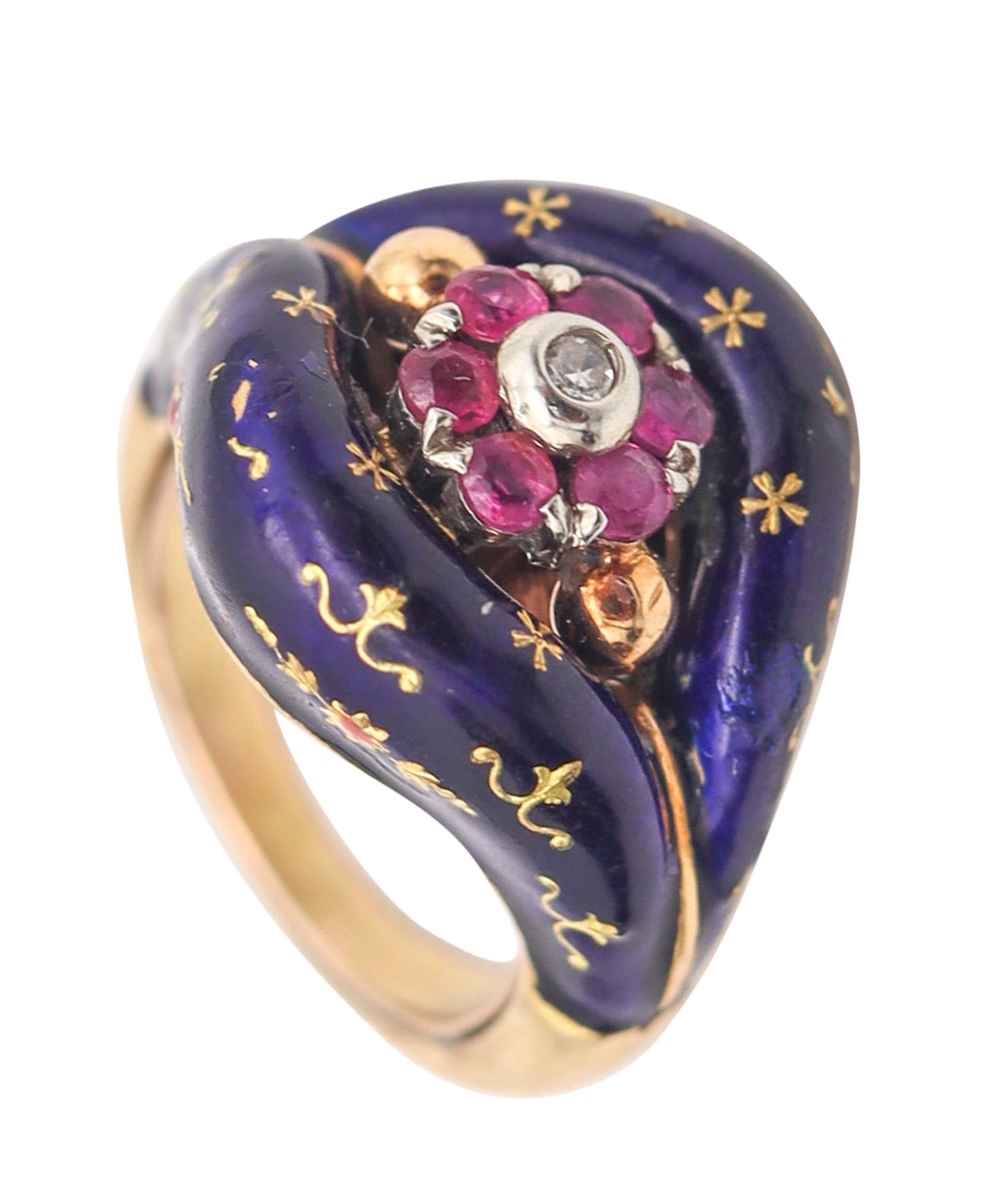 Victorian 1880 Blue Enameled Celestial Ring In 15Kt Gold With Rubies And Diamond For Sale