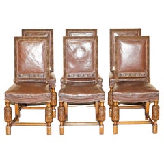 Victorian 1880 Brown Leather Dining Chairs Grape Vine Vineyard Carved Detailing