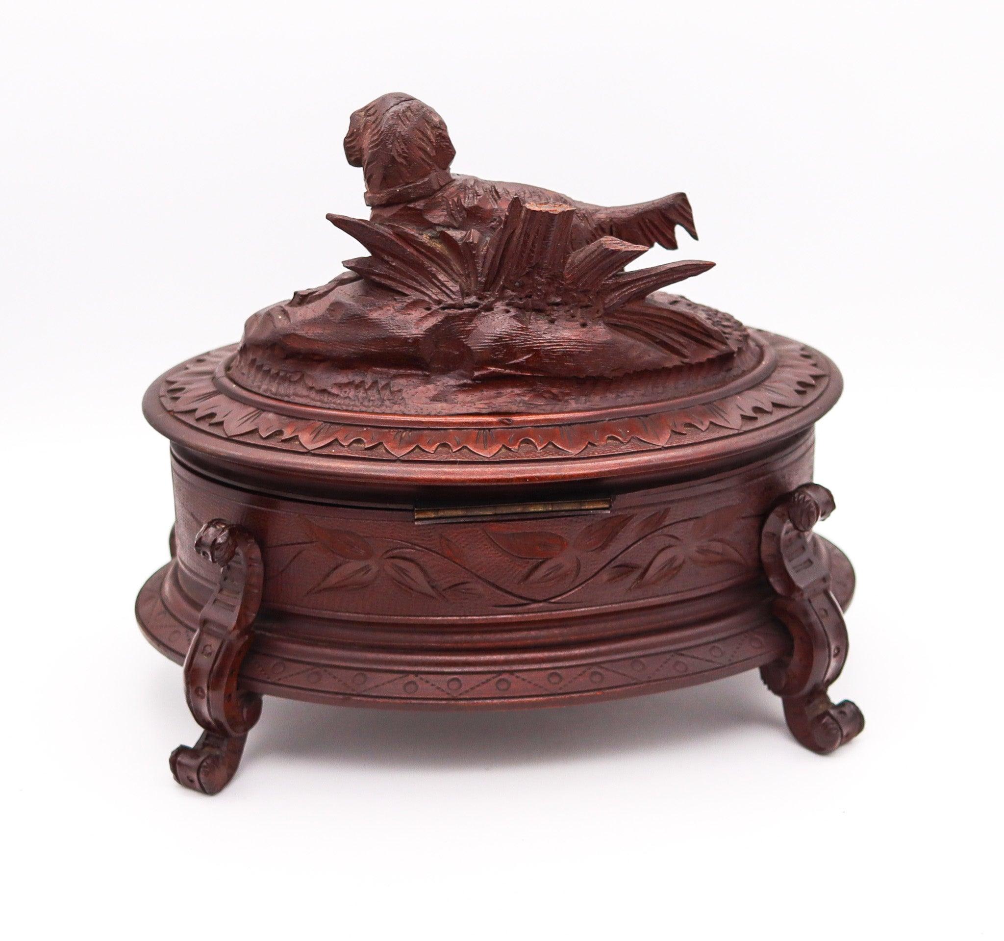 Late 19th Century VICTORIAN 1880 Carved Wood Desk Oval Box With Hunting Dog Sculpture For Sale
