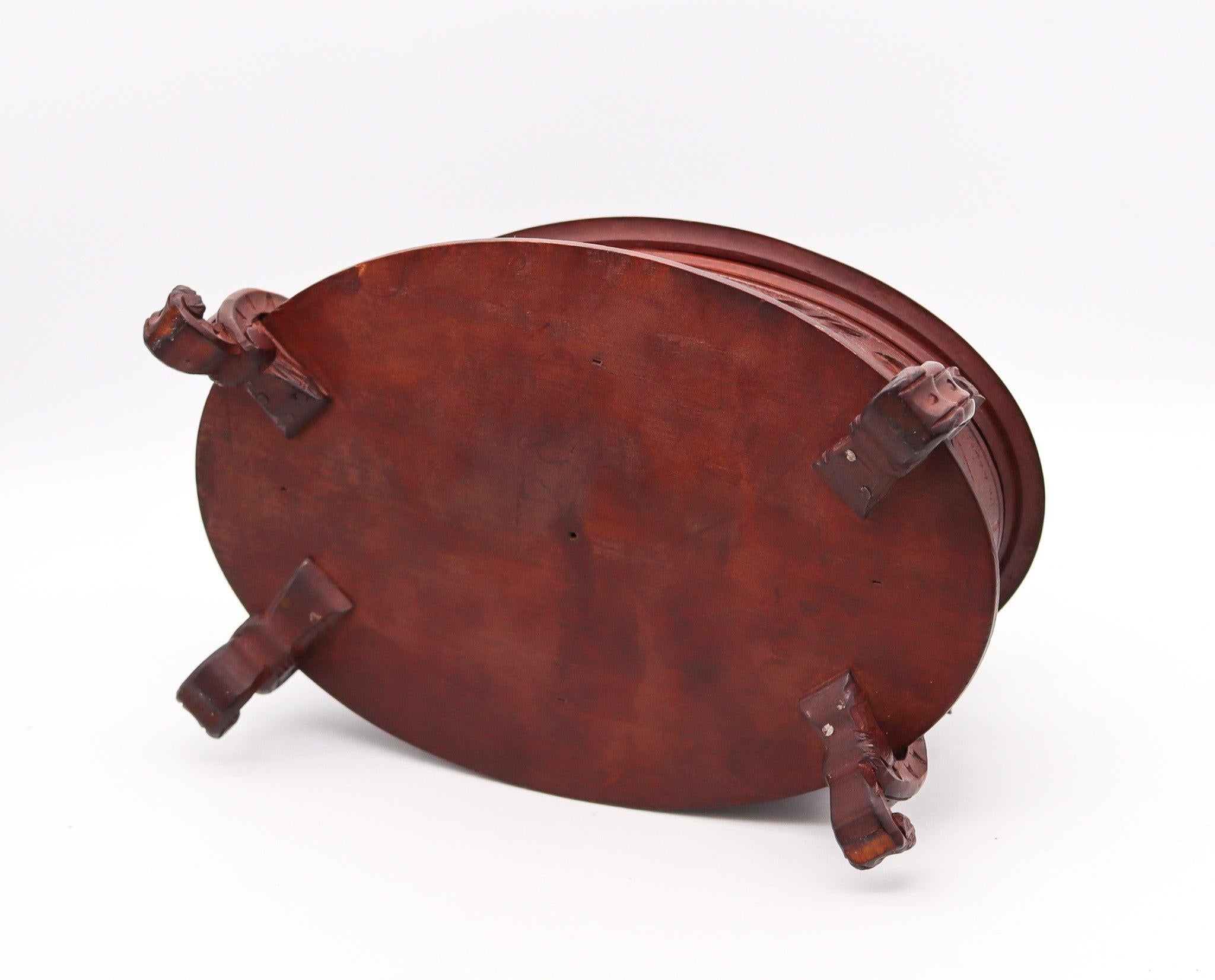 VICTORIAN 1880 Carved Wood Desk Oval Box With Hunting Dog Sculpture For Sale 3