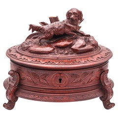 VICTORIAN 1880 Carved Wood Desk Oval Box With Hunting Dog Sculpture