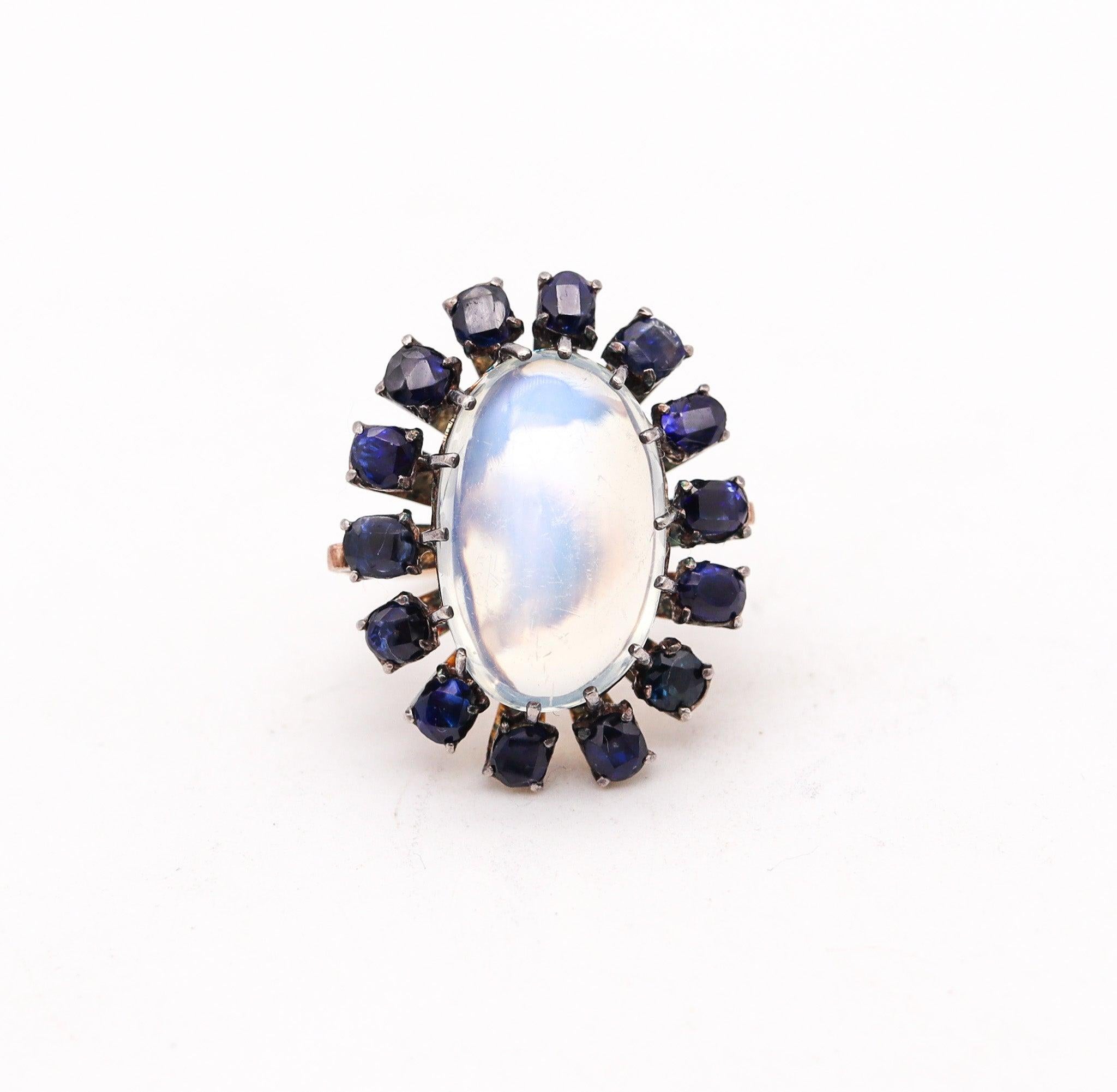 Victorian VICTORIAN 1880 Cocktail Ring In 10Kt Gold With 16.76 Ctw Moonstone & Sapphires