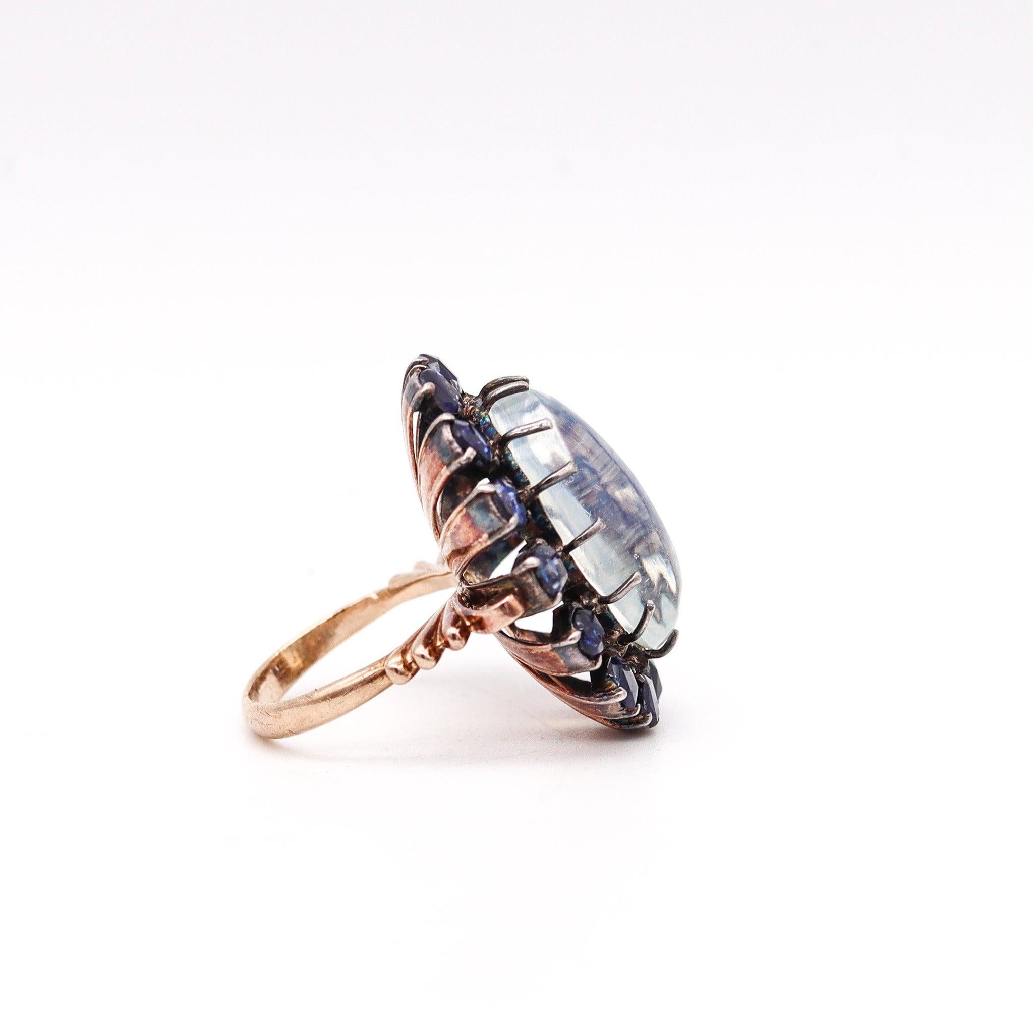 Cabochon VICTORIAN 1880 Cocktail Ring In 10Kt Gold With 16.76 Ctw Moonstone & Sapphires