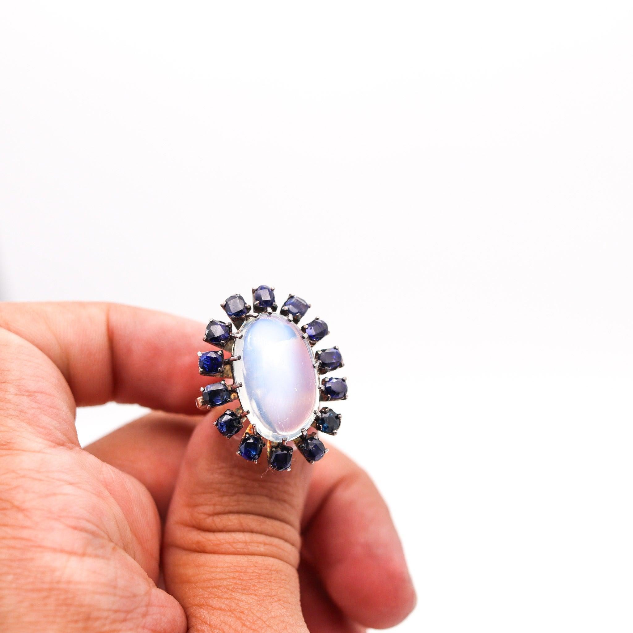 VICTORIAN 1880 Cocktail Ring In 10Kt Gold With 16.76 Ctw Moonstone & Sapphires 1
