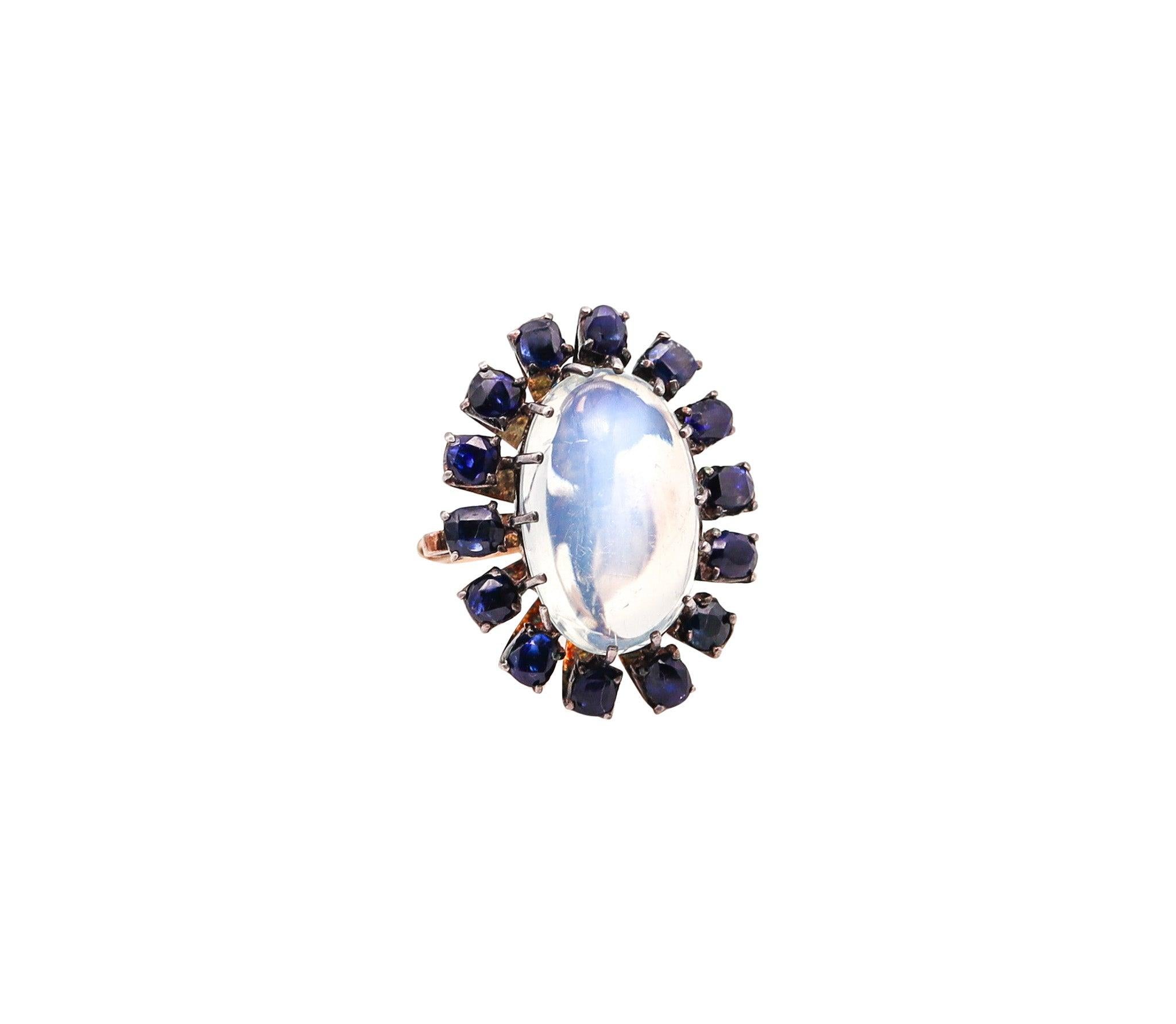 VICTORIAN 1880 Cocktail Ring In 10Kt Gold With 16.76 Ctw Moonstone & Sapphires 2
