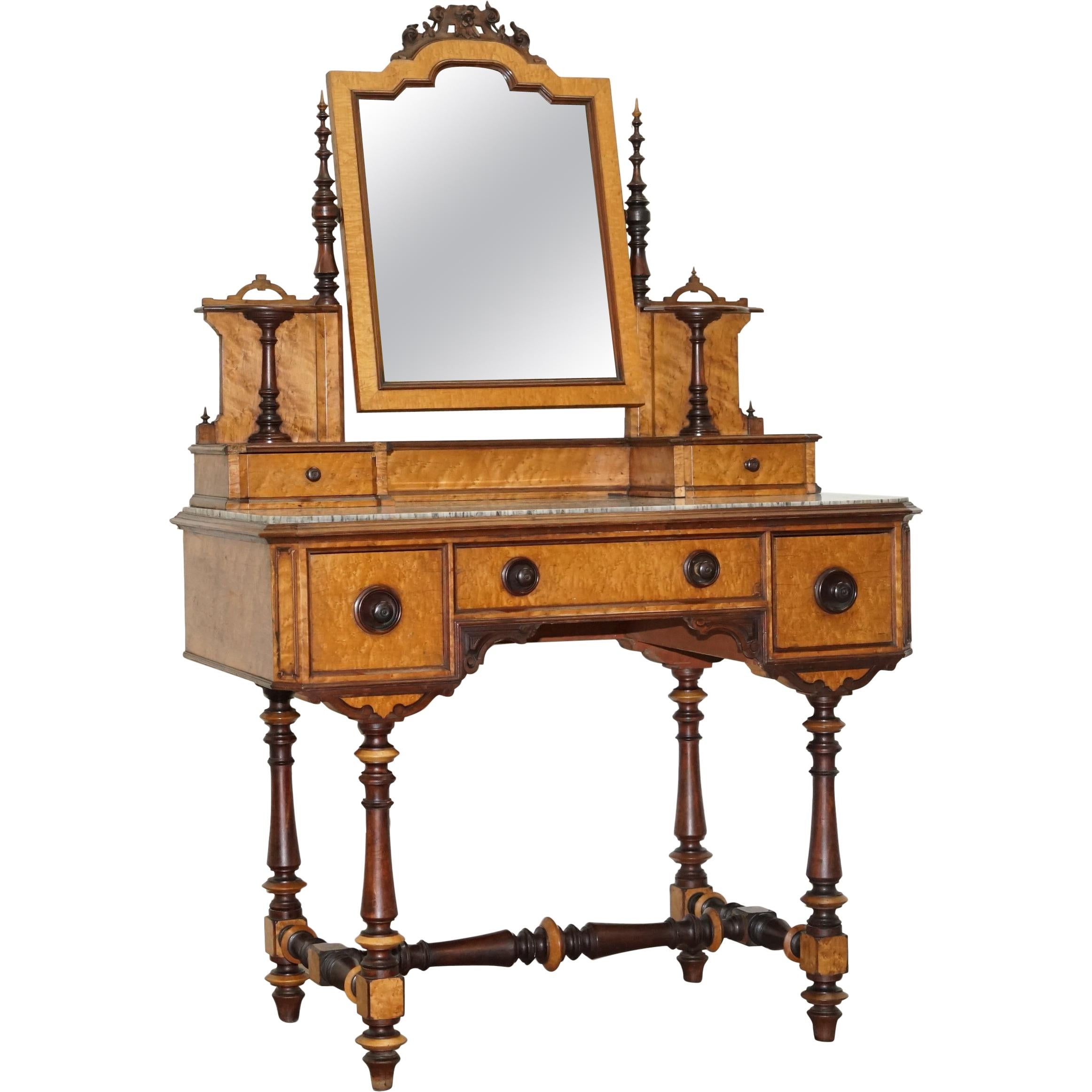 Victorian 1880 Continental Burr Satinwood Dressing Table Italian Marble Top