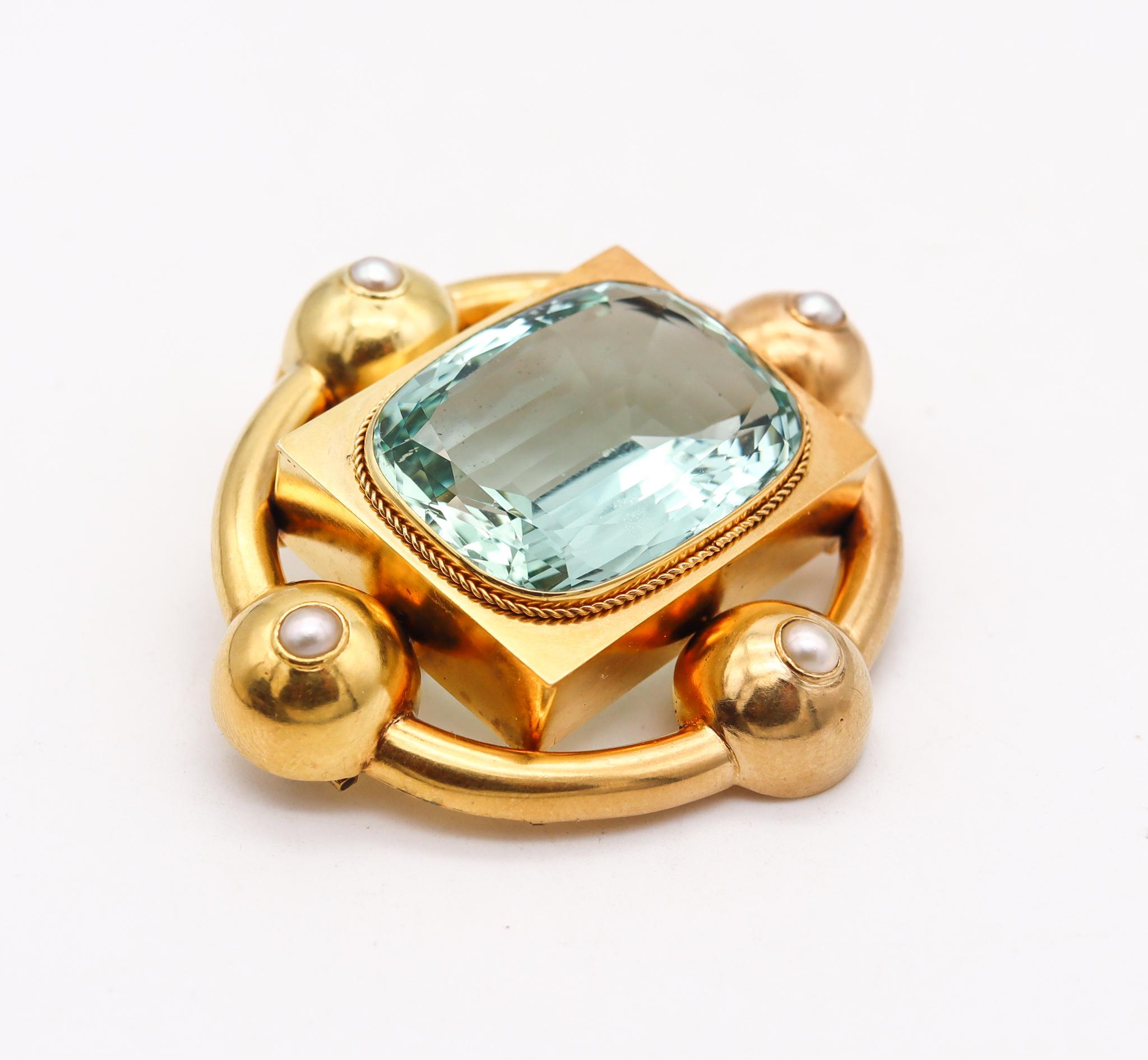 Convertible pendant-brooch with aquamarine.

An oversized statement piece, created in England in the last three quarter of the 19th century, circa 1880's. This beautiful aesthetic sleek convertible pendant-brooch has been crafted during the