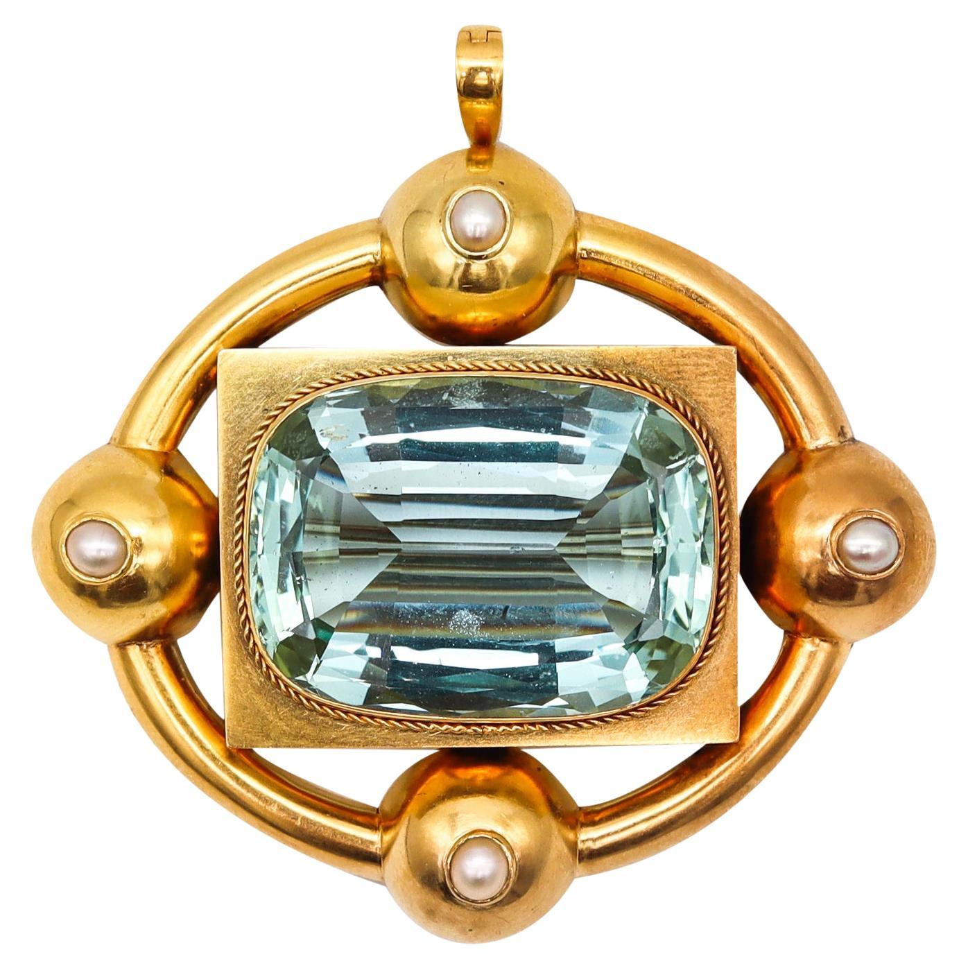 Victorian 1880 Convertible Pendant Brooch in 18Kt Gold with 58.56 Cts Aquamarine