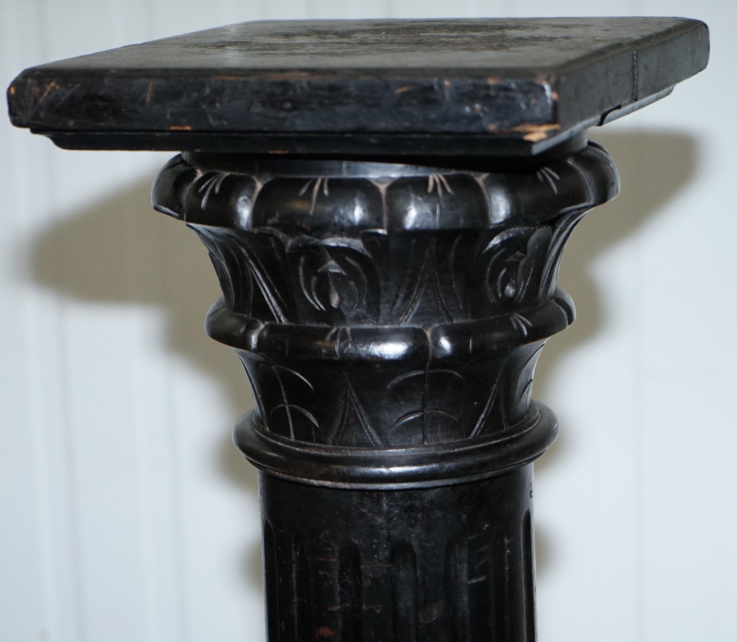 Victorian 1880 Corinthian Pillar Oak Ebonised Black Pedestal Stand for Art Busts 1