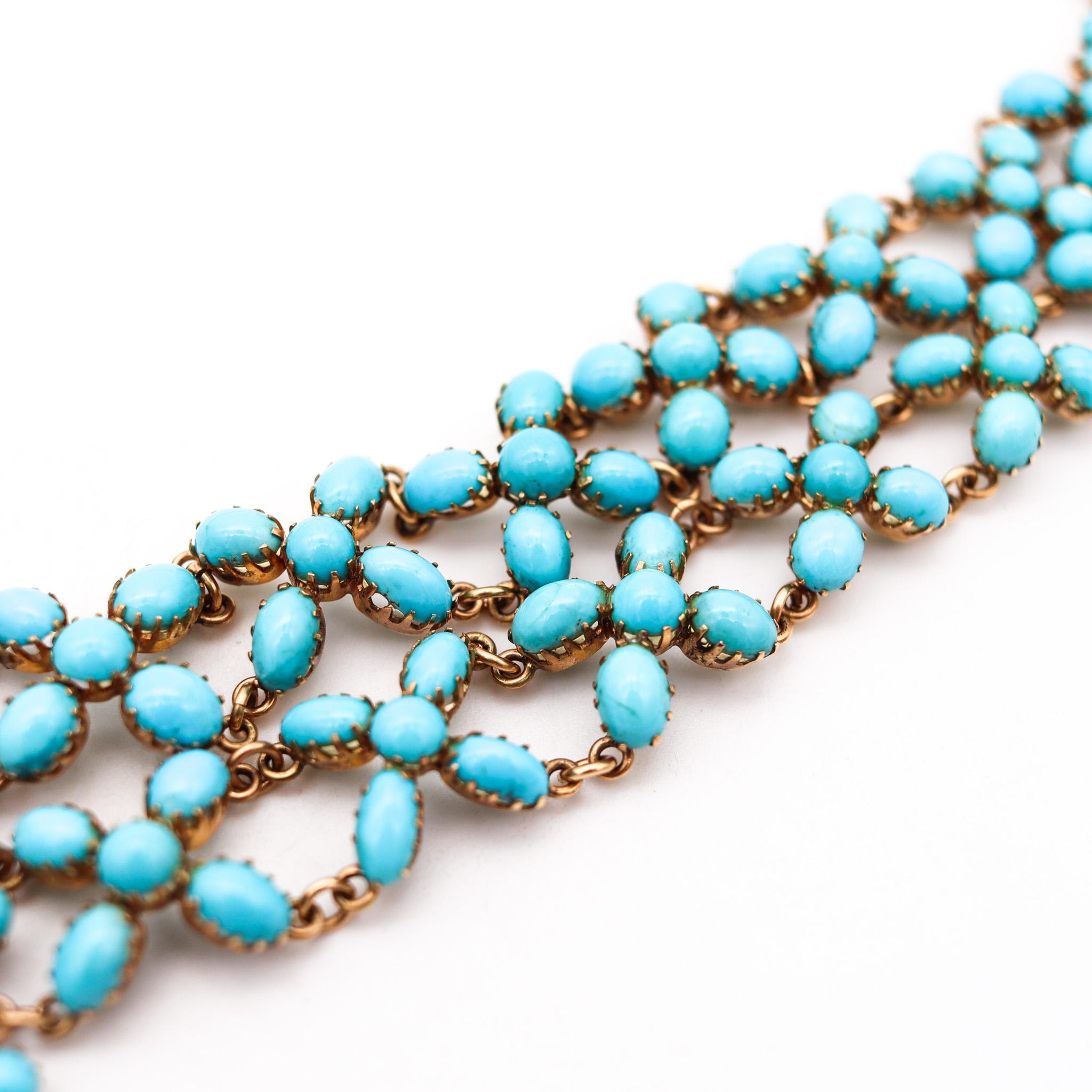 Mixed Cut Victorian 1880 Drop Necklace In 14Kt Gold With 187.50 Cts Turquoises & Sapphires