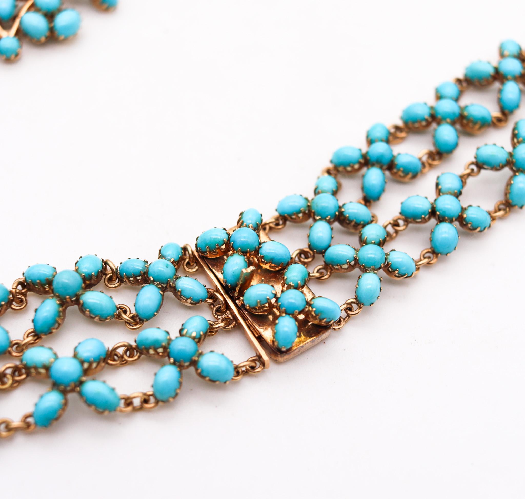 Victorian 1880 Drop Necklace In 14Kt Gold With 187.50 Cts Turquoises & Sapphires In Excellent Condition In Miami, FL