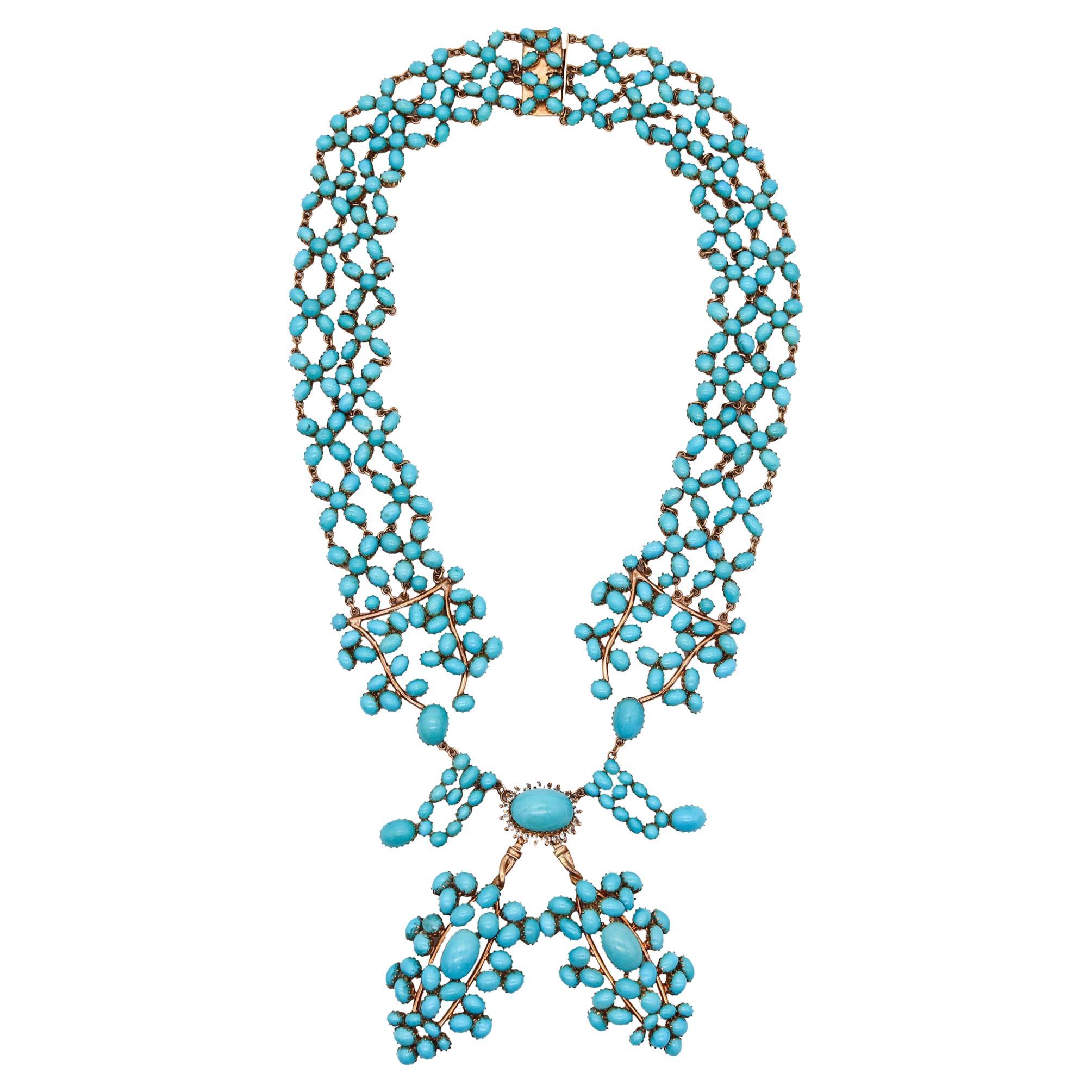 Victorian 1880 Drop Necklace In 14Kt Gold With 187.50 Cts Turquoises & Sapphires