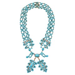 Victorian 1880 Drop Necklace In 14Kt Gold With 187.50 Cts Turquoises & Sapphires
