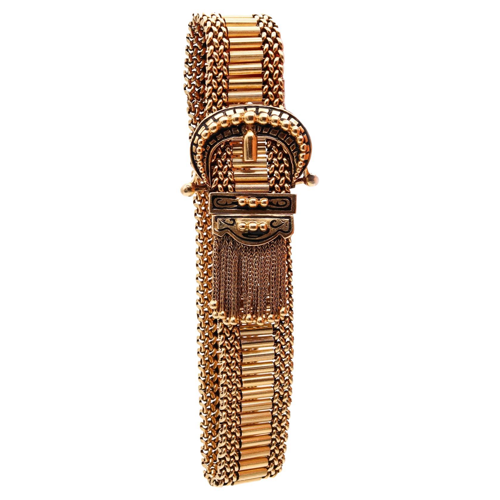 Viktorianisches emailliertes, flexibles Armband aus 14 Karat Gelbgold mit Fransen, 1880