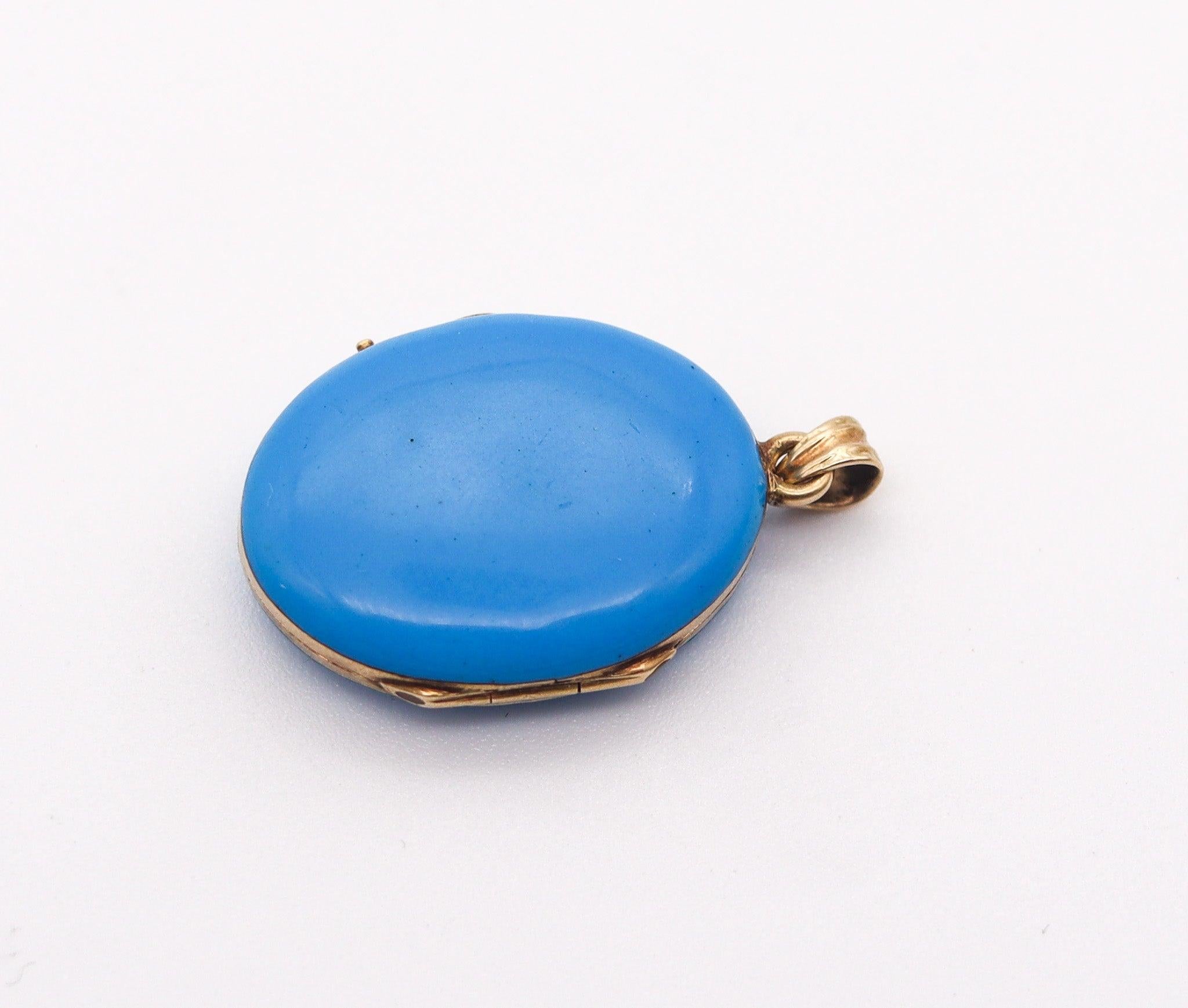 VICTORIAN 1880 England Blue Enameled Pendant Locked In 14Kt Yellow Gold In Excellent Condition In Miami, FL