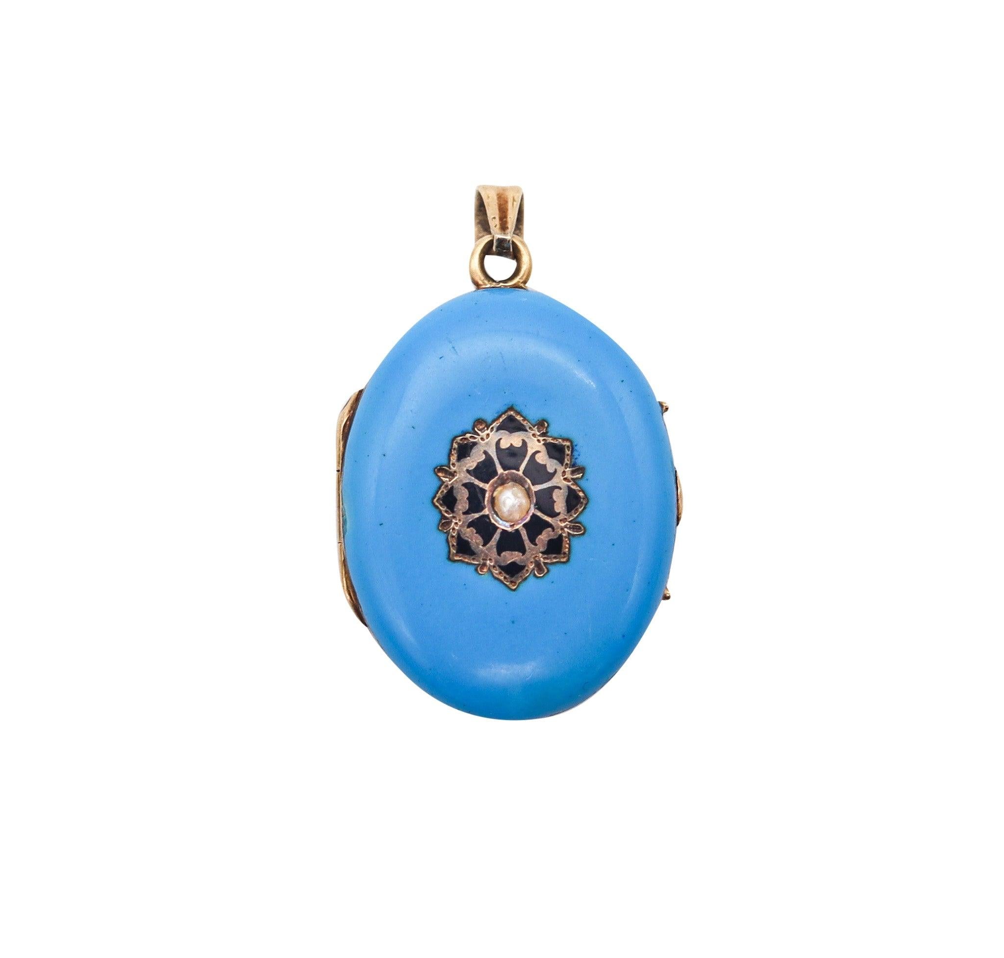 Women's VICTORIAN 1880 England Blue Enameled Pendant Locked In 14Kt Yellow Gold