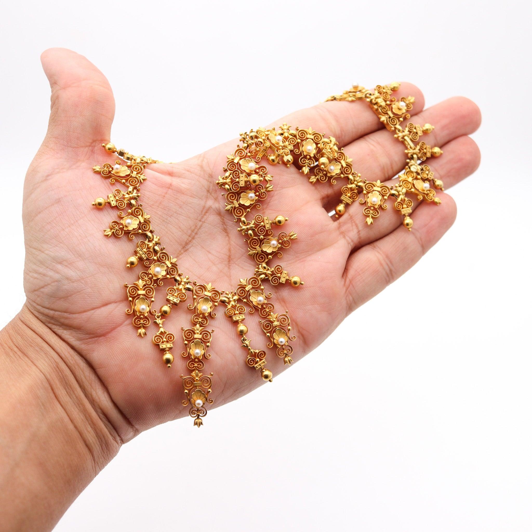 VICTORIAN 1880 Etruscan Neo Gothic Necklace In 19Kt Yellow Gold & Natural Pearls For Sale 4