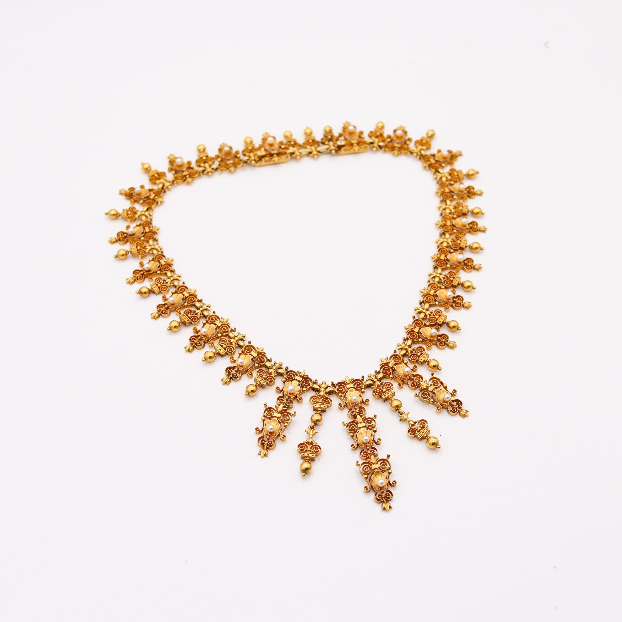Etruscan Revival VICTORIAN 1880 Etruscan Neo Gothic Necklace In 19Kt Yellow Gold & Natural Pearls For Sale