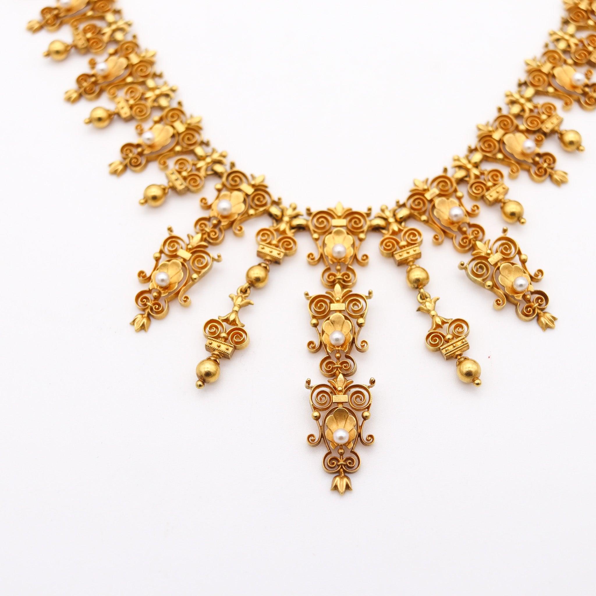 Uncut VICTORIAN 1880 Etruscan Neo Gothic Necklace In 19Kt Yellow Gold & Natural Pearls For Sale