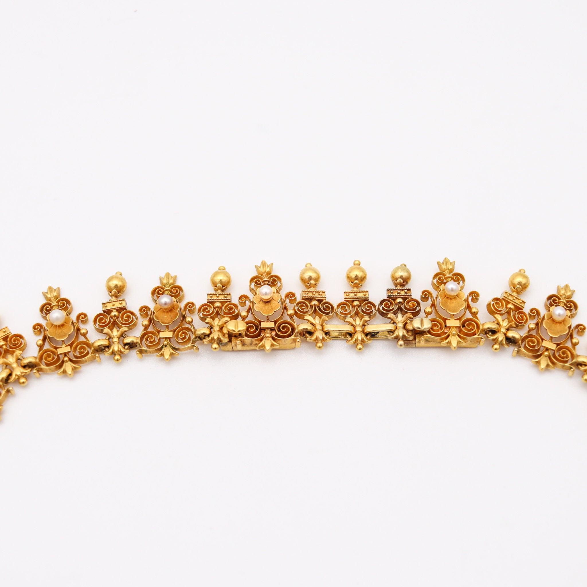 Women's VICTORIAN 1880 Etruscan Neo Gothic Necklace In 19Kt Yellow Gold & Natural Pearls For Sale