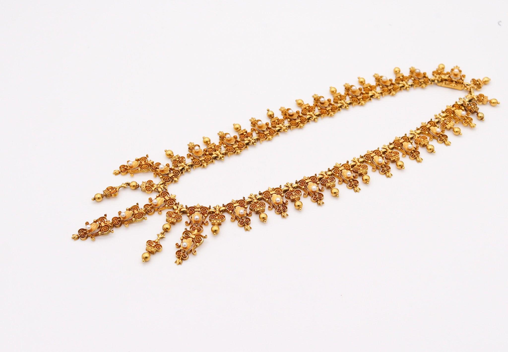 VICTORIAN 1880 Etruscan Neo Gothic Necklace In 19Kt Yellow Gold & Natural Pearls For Sale 1