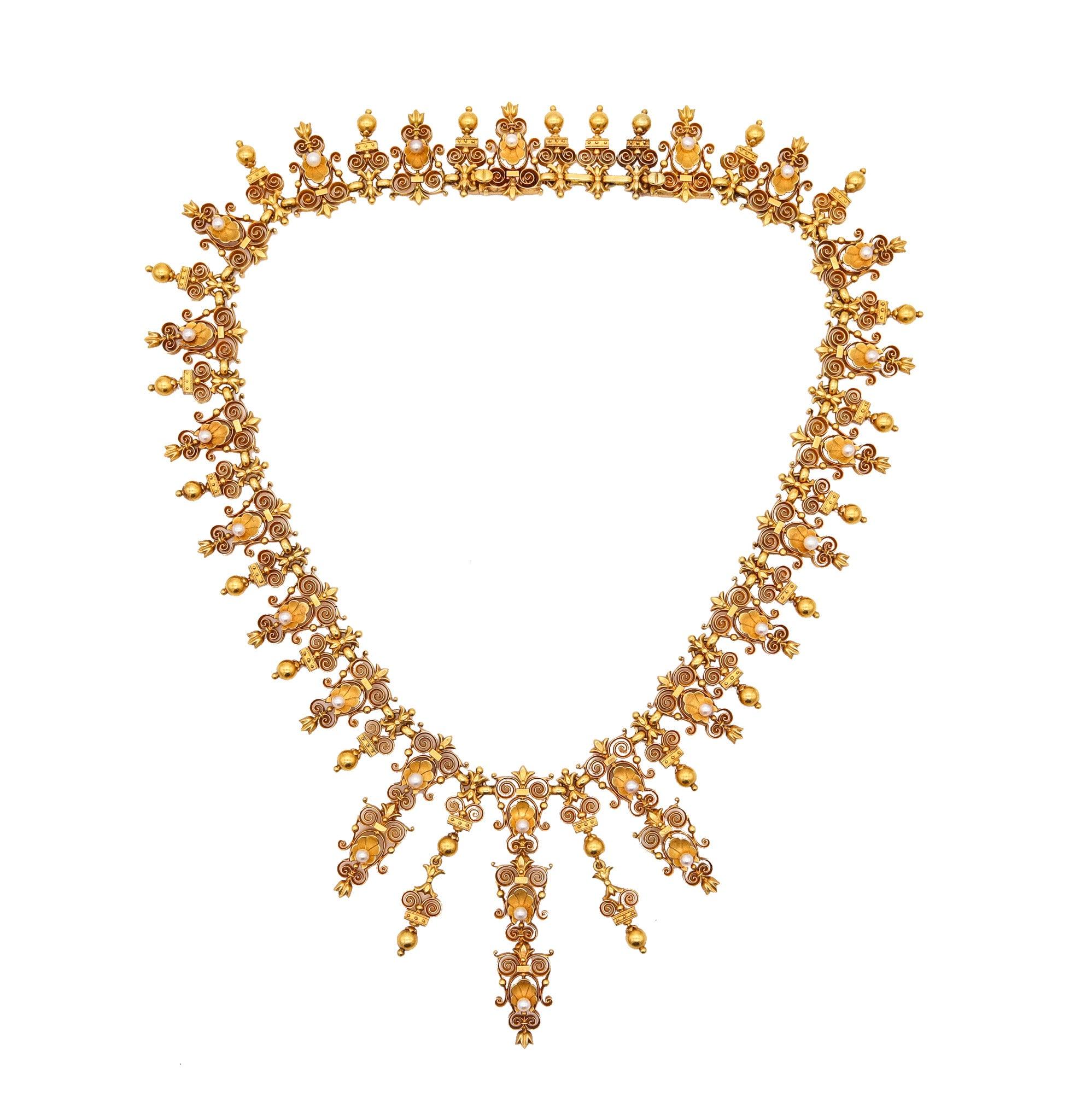 VICTORIAN 1880 Etruscan Neo Gothic Necklace In 19Kt Yellow Gold & Natural Pearls For Sale 2