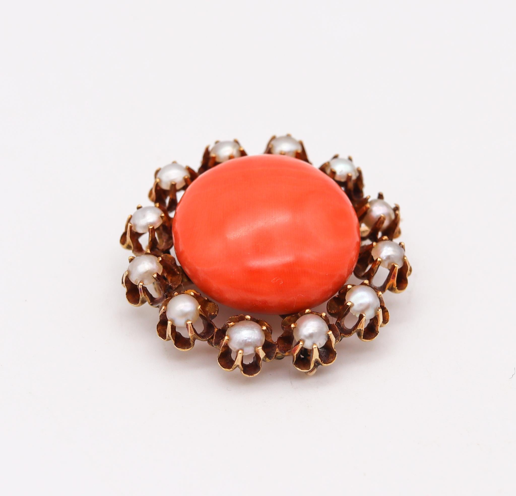 Victorian pendant brooch with coral and pearls.

Classic piece created in England during the Victorian era (1837-1901) back in the 1880. This very versatile convertible pendant-brooch has been crafted with Etruscan revival patterns in solid yellow