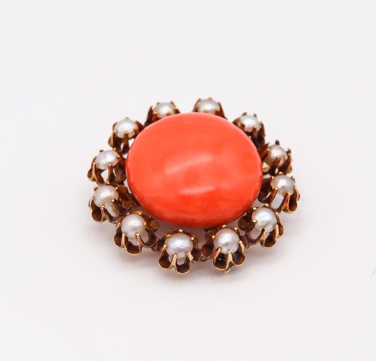 Broche-pendentif Victorien En Or 18K Avec Corail Rouge Et Perles - Sculpture Chérubin/chien/ange - Occasion