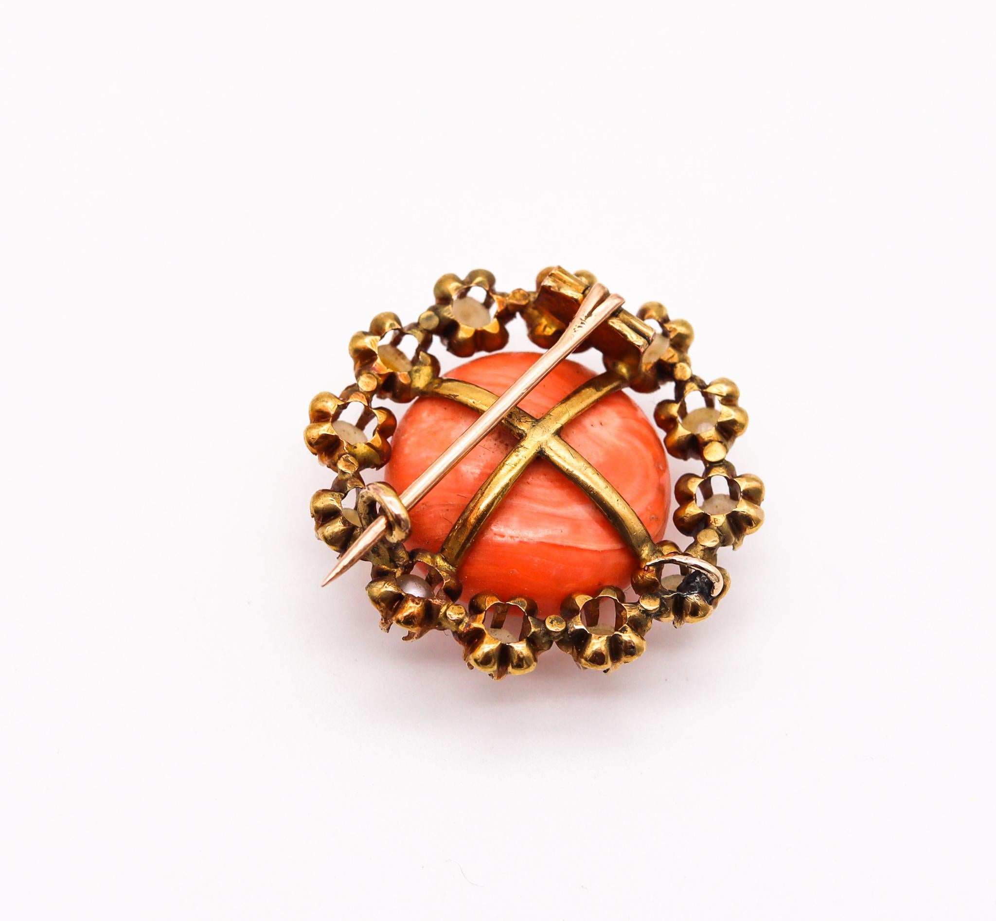 Cabochon Victorian 1880 Etruscan Pendant Brooch in 18Kt Yellow Gold with Coral and Pearls For Sale