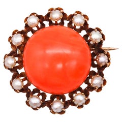 Victorian 1880 Etruscan Pendant Brooch in 18Kt Yellow Gold with Coral and Pearls