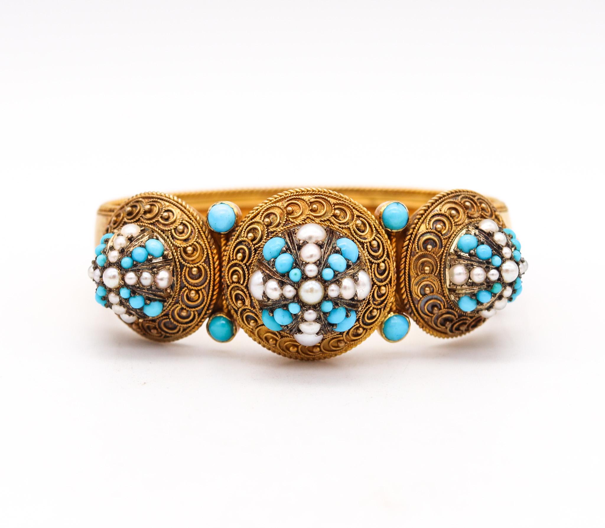 Exceptional Victorian Etruscan Revival bracelet.

Beautiful, rare and highly decorated piece, created in England during the Victorian Era (1837-1901), circa back in the 1880 This fabulous bangle bracelet has been carefully crafted in solid yellow