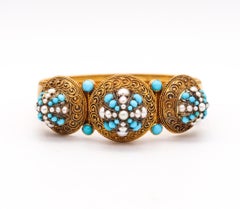 Victorian 1880 Etruscan Revival Bracelet in 15kt Gold with Turquoises and Pearls