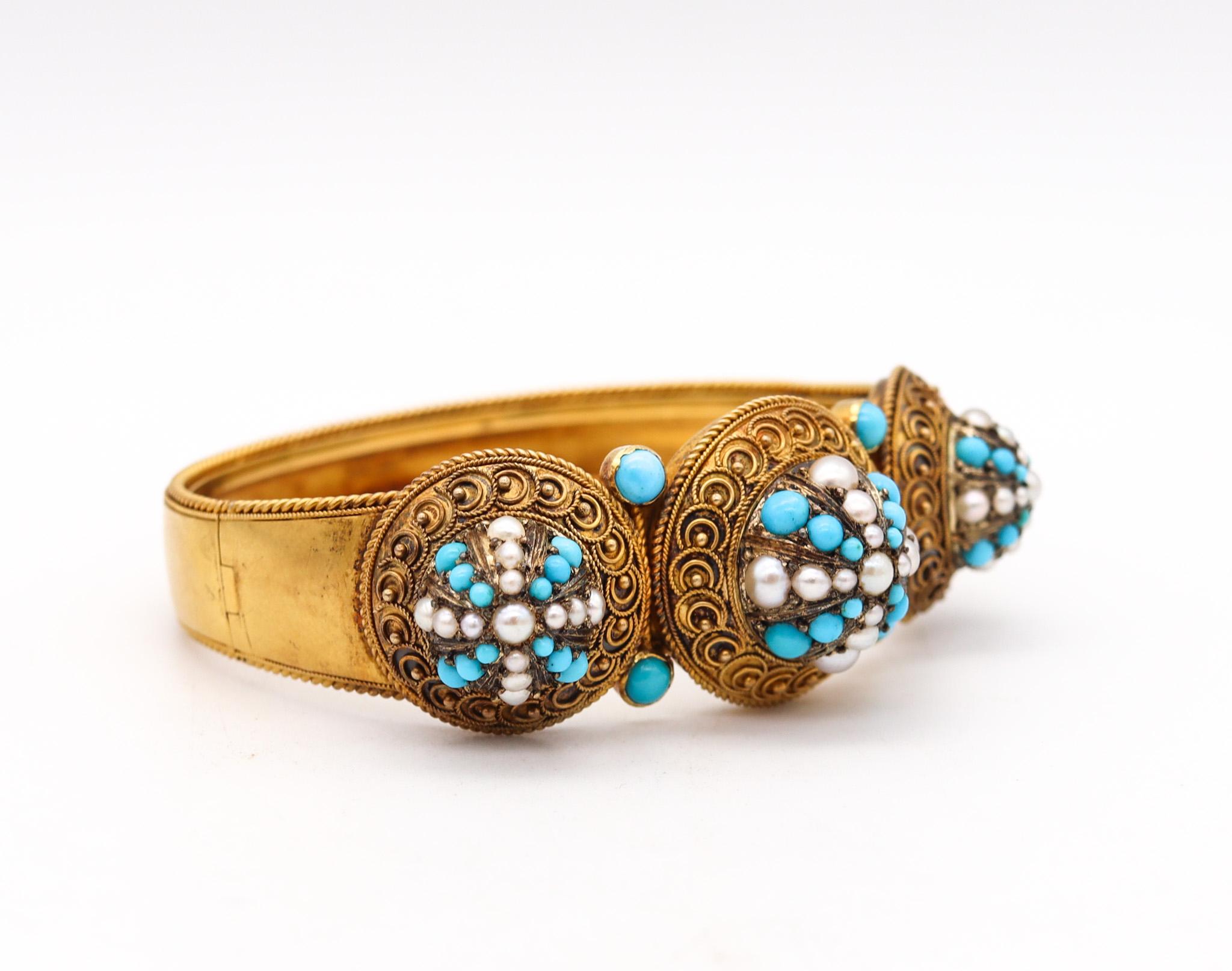 Cabochon Victorian 1880 Etruscan Revival Bracelet in 15kt Gold with Turquoises and Pearls For Sale