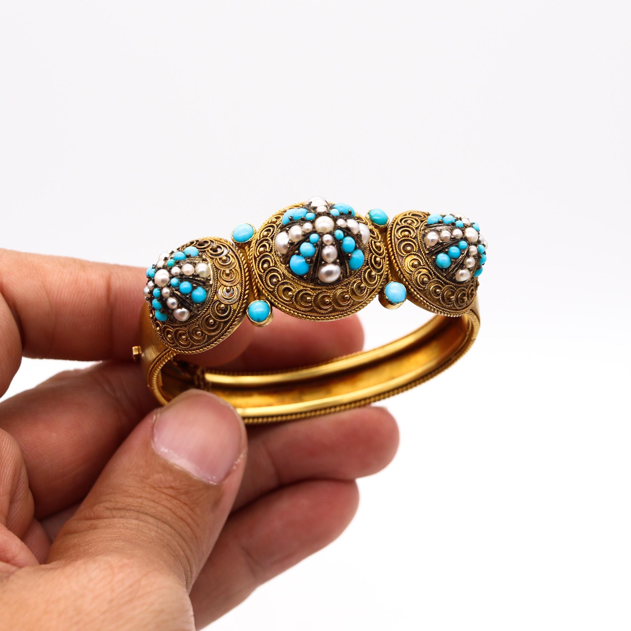 Women's Victorian 1880 Etruscan Revival Bracelet in 15kt Gold with Turquoises and Pearls For Sale