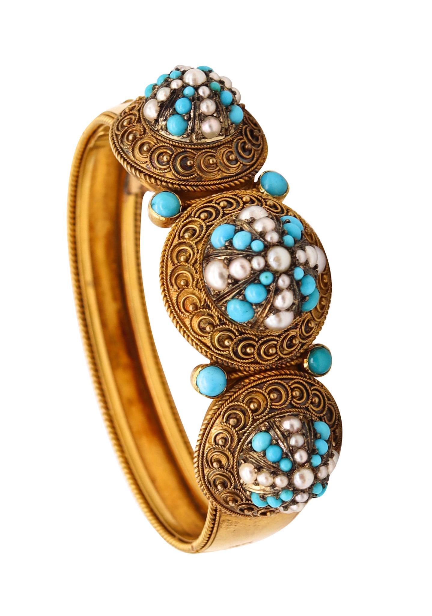Victorian 1880 Etruscan Revival Bracelet in 15kt Gold with Turquoises and Pearls For Sale