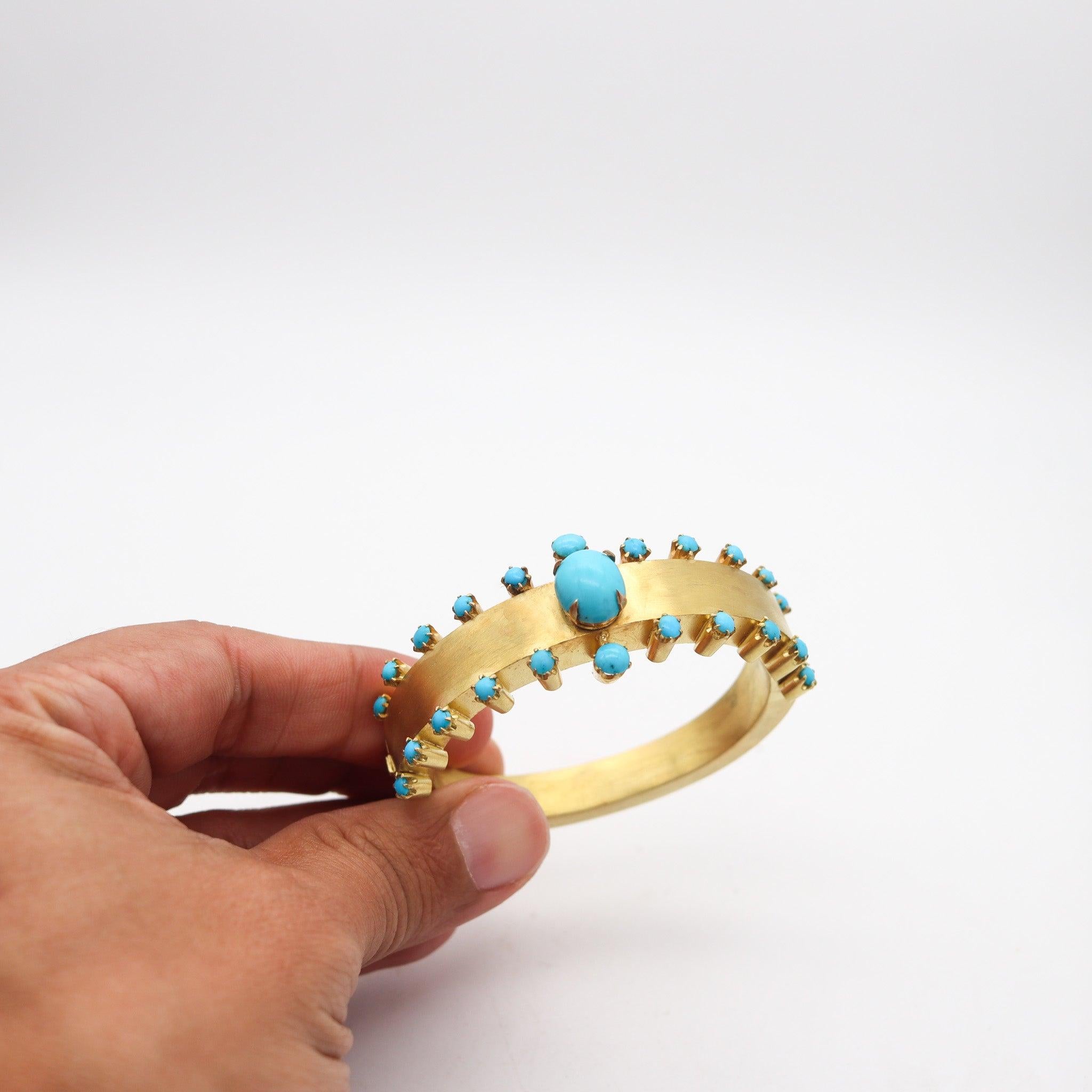VICTORIAN 1880 Etruscan Revival Bracelet In Brushed 15Kt Gold & Blue Turquoises For Sale 5