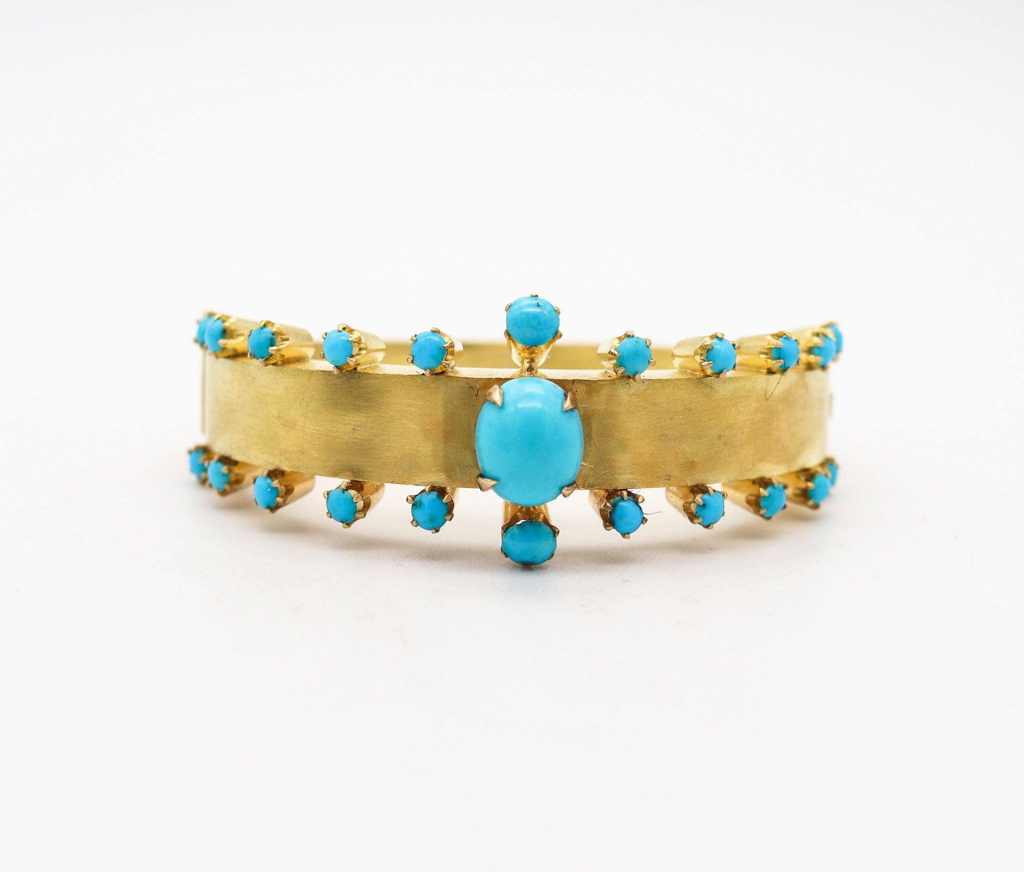 Cabochon VICTORIAN 1880 Etruscan Revival Bracelet In Brushed 15Kt Gold & Blue Turquoises For Sale