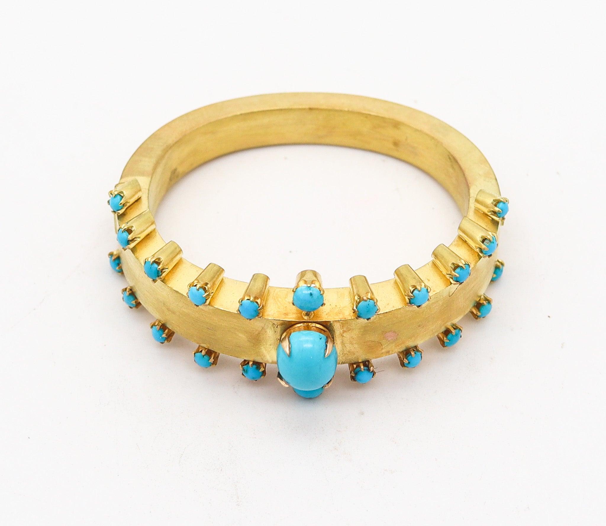 VICTORIAN 1880 Etruscan Revival Bracelet In Brushed 15Kt Gold & Blue Turquoises In Excellent Condition For Sale In Miami, FL