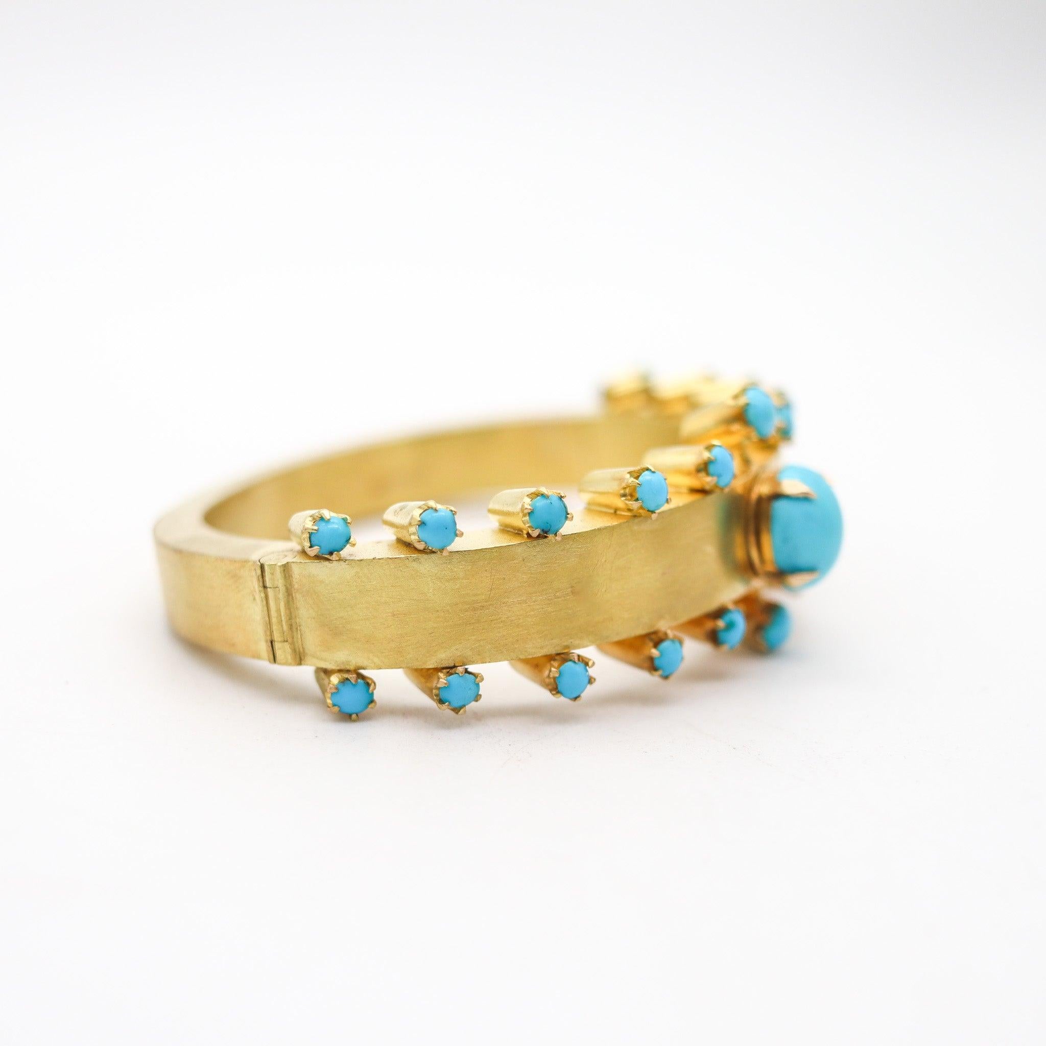 VICTORIAN 1880 Etruscan Revival Bracelet In Brushed 15Kt Gold & Blue Turquoises For Sale 1