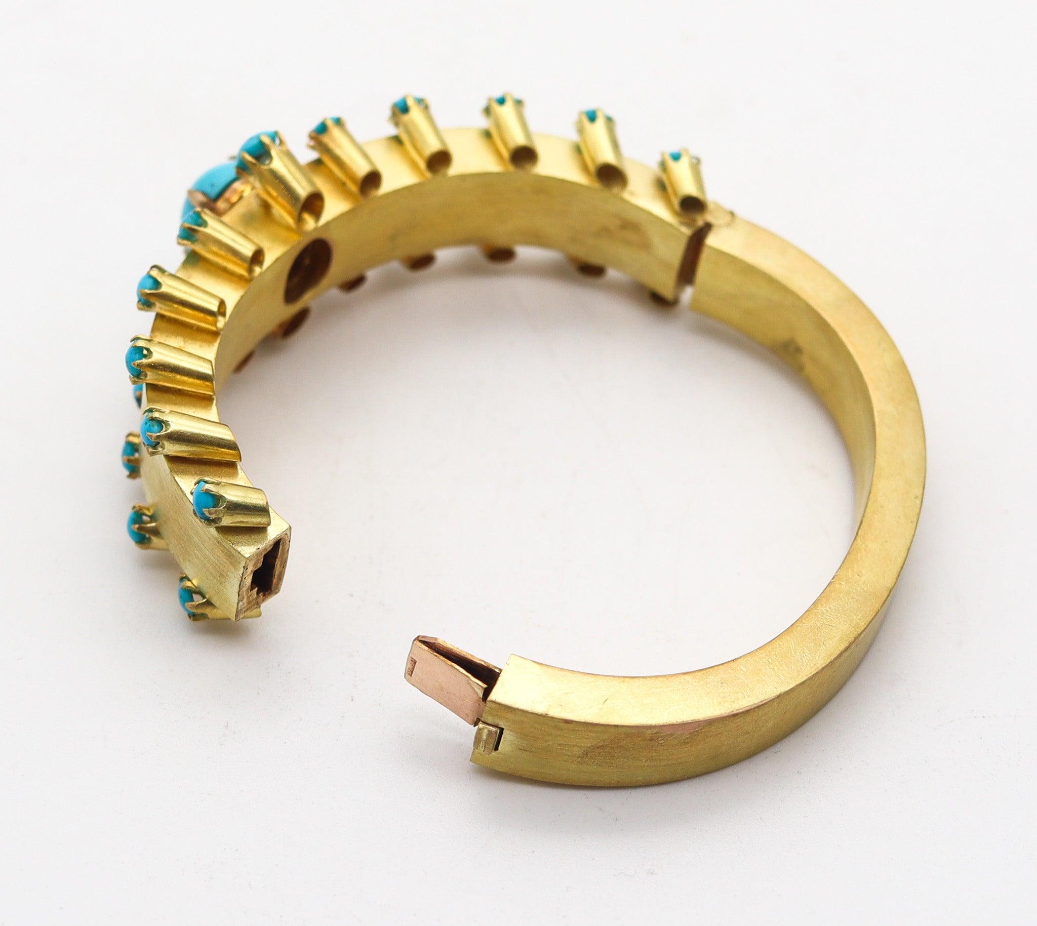 VICTORIAN 1880 Etruscan Revival Bracelet In Brushed 15Kt Gold & Blue Turquoises For Sale 3