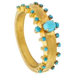 PULSERA VICTORIANA 1880 Renacimiento Etrusco En Oro Cepillado De 15Kt Y Turquesas Azules